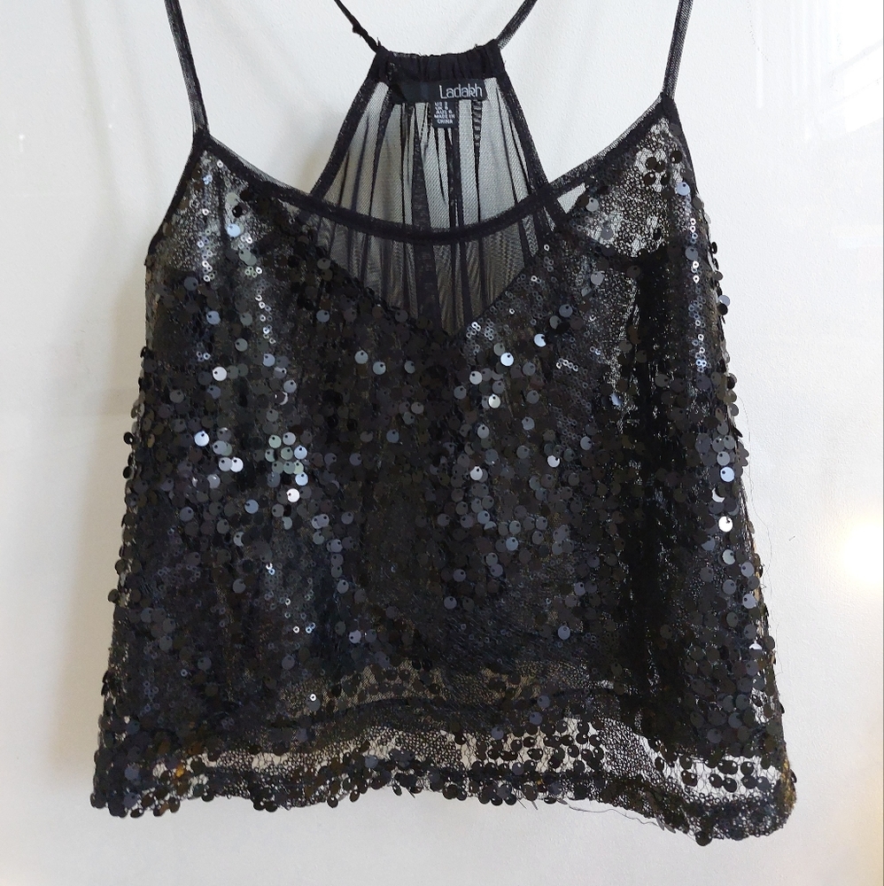 Sheer sequin black tank top
